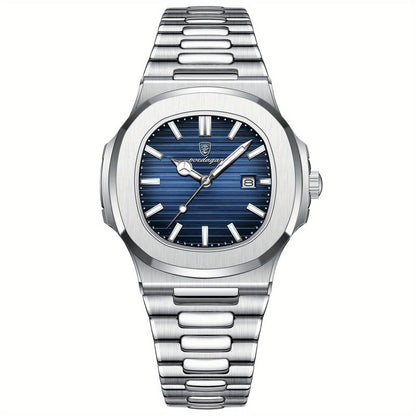 Men's stainless steel wristwatch with quartz movement and date display