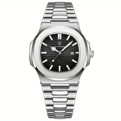 Men's stainless steel wristwatch with quartz movement and date display