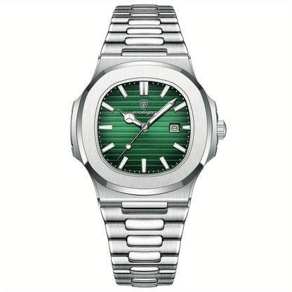 Men's stainless steel wristwatch with quartz movement and date display