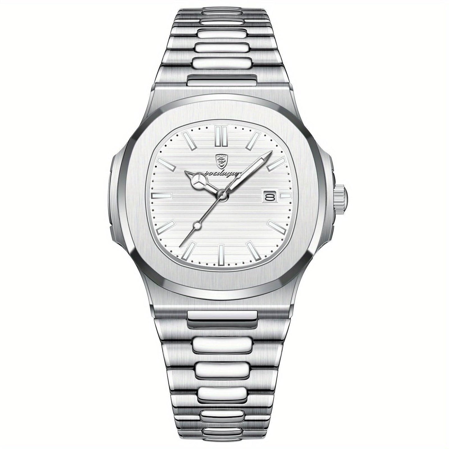 Men's stainless steel wristwatch with quartz movement and date display