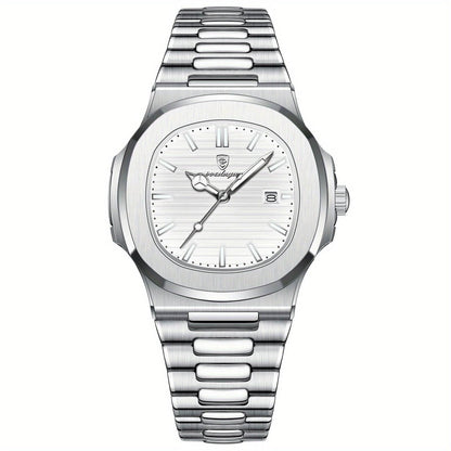Men's stainless steel wristwatch with quartz movement and date display