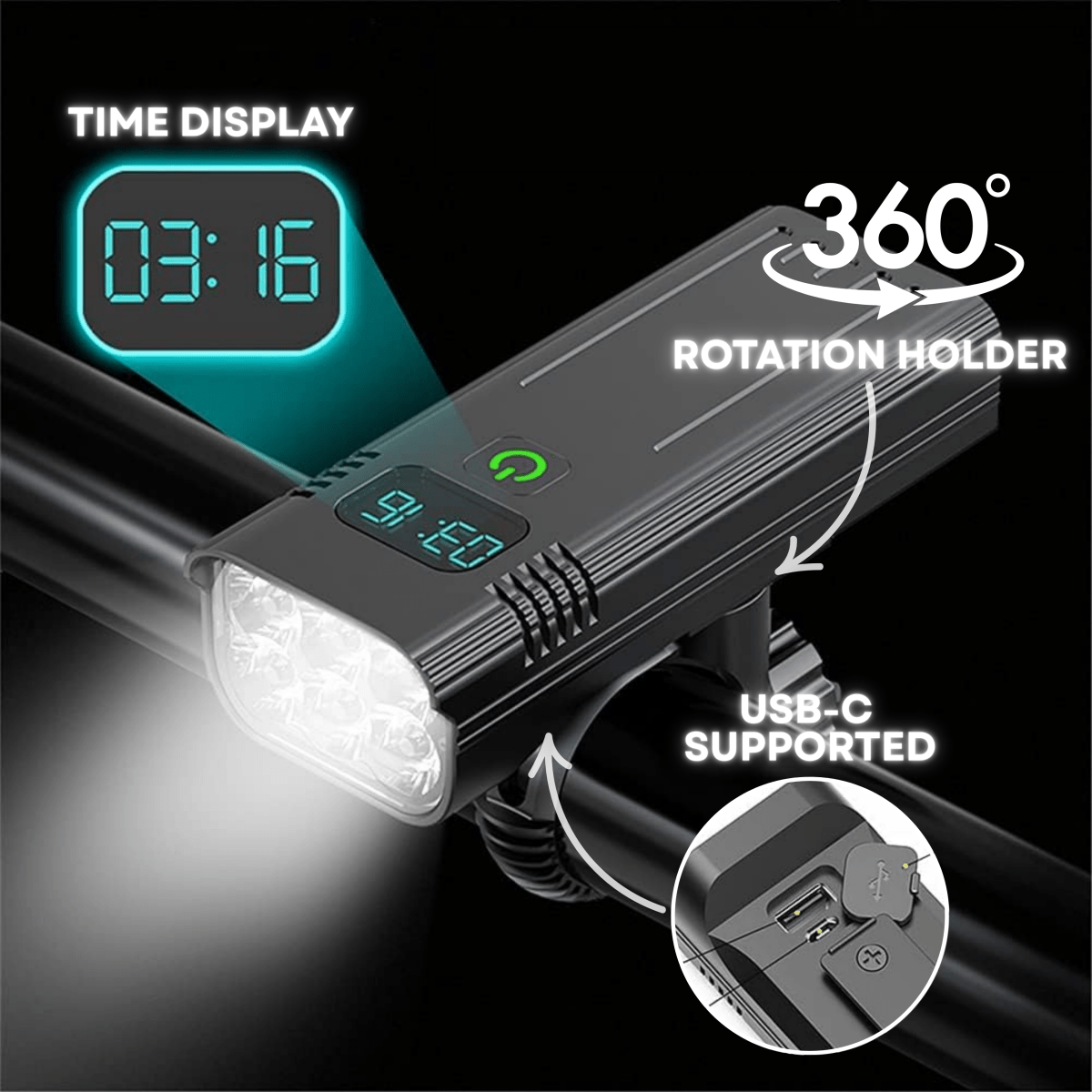 ROADGLOW X – 5000 Lumen Bicycle Light with 12 LEDs and Rechargeable USB-C Battery