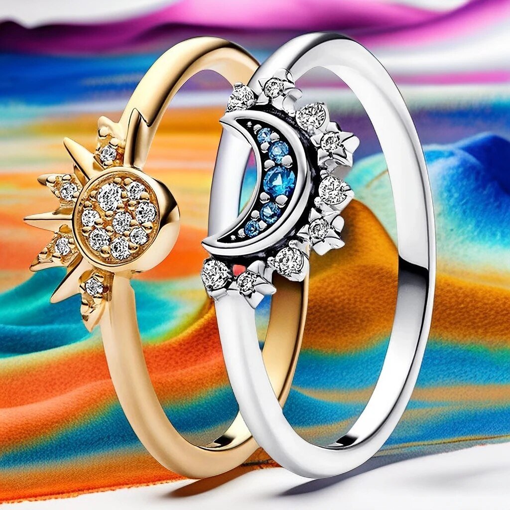 Skanto | HELIARA RING – Sterling Silver Crystal Ring with Sun & Moon Design