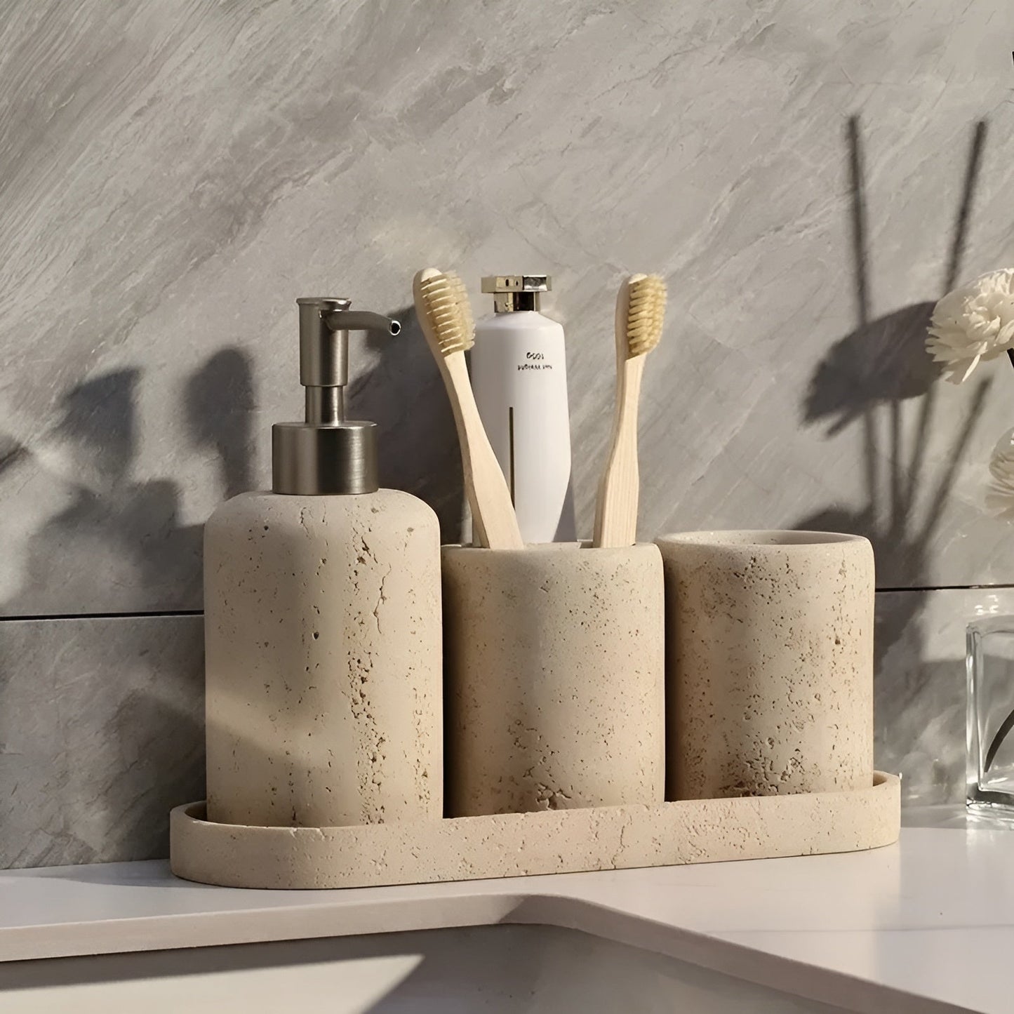 Toothbrush holder made of natural stone – with soap dispenser and tray | Elegant bathroom accessories made of travertine