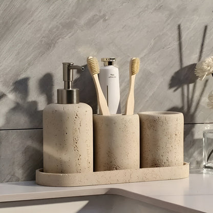Toothbrush holder made of natural stone – with soap dispenser and tray | Elegant bathroom accessories made of travertine
