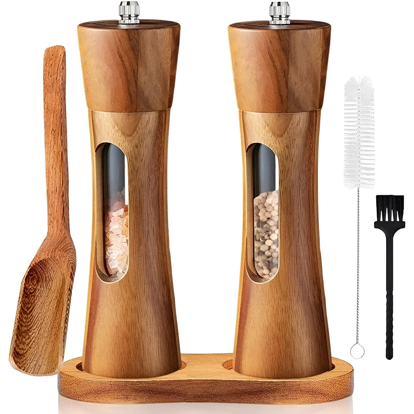 Manual salt and pepper mills – Wood design with acrylic glass window | Set of 2