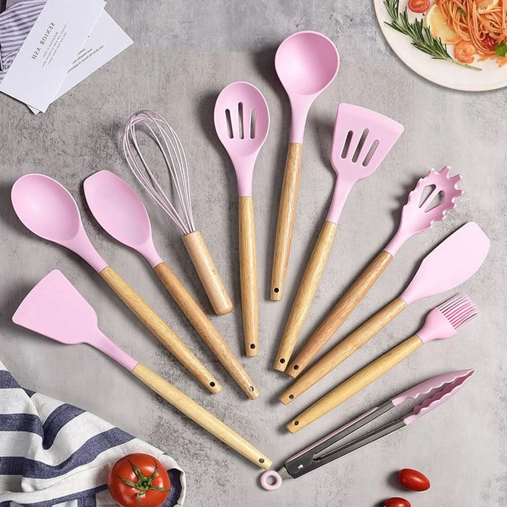 BowLift | Non-Toxic BPA-Free Silicone Cooking Utensil Set with Wooden Handles Lattea