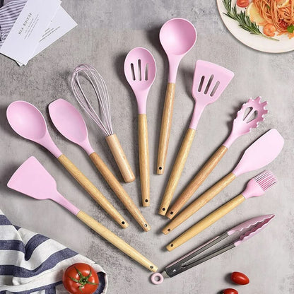 BowLift | Non-Toxic BPA-Free Silicone Cooking Utensil Set with Wooden Handles Lattea