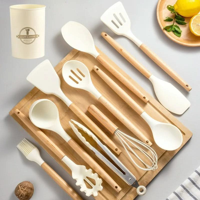 BowLift | Non-Toxic BPA-Free Silicone Cooking Utensil Set with Wooden Handles Lattea