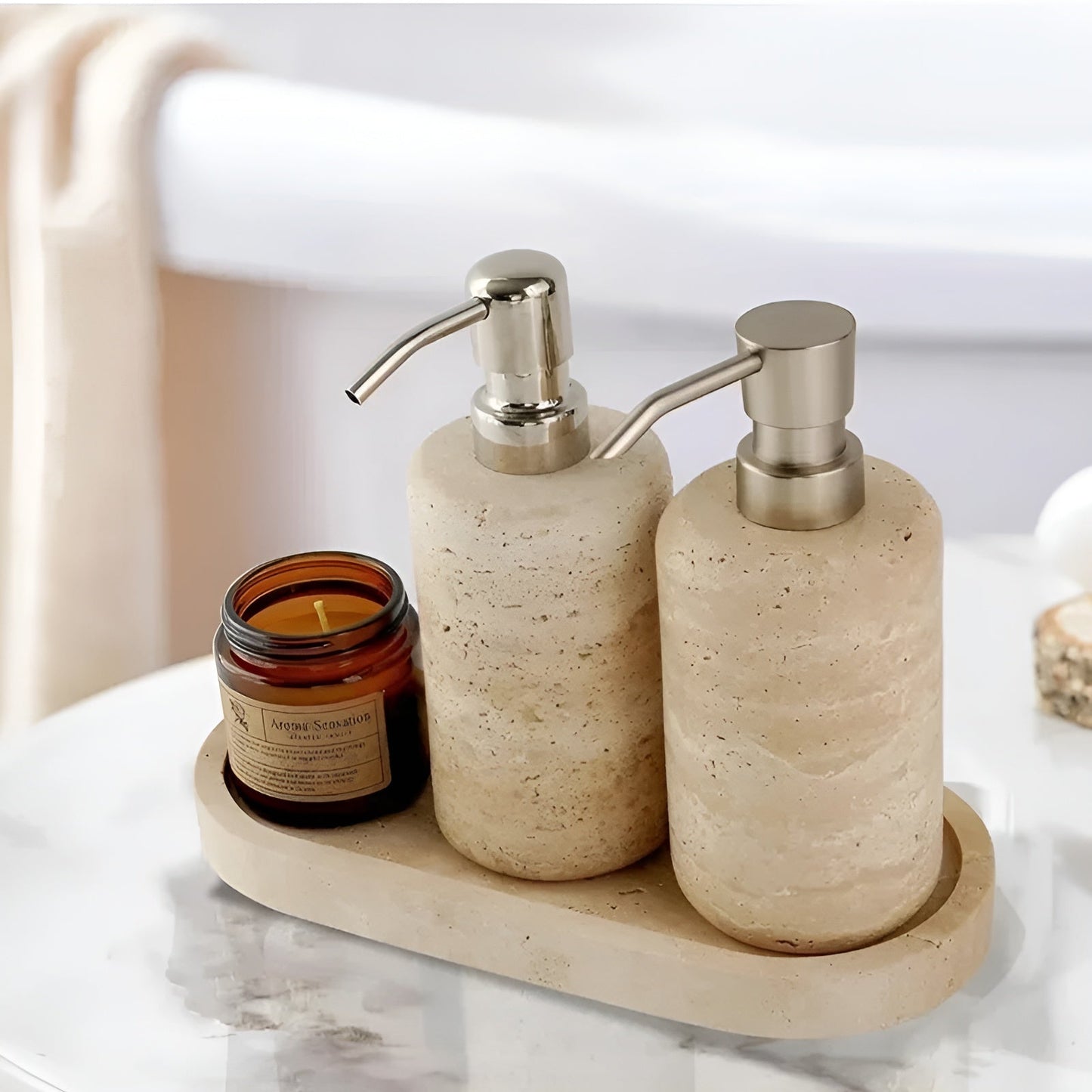 Toothbrush holder made of natural stone – with soap dispenser and tray | Elegant bathroom accessories made of travertine