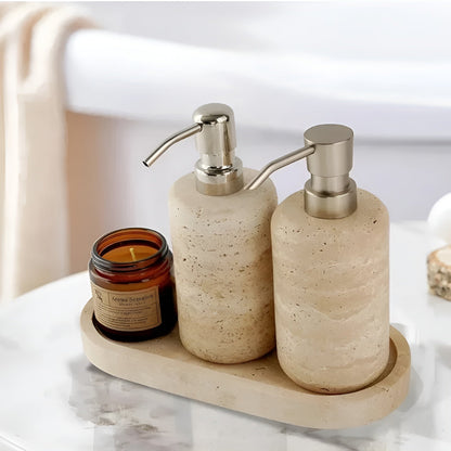 Toothbrush holder made of natural stone – with soap dispenser and tray | Elegant bathroom accessories made of travertine
