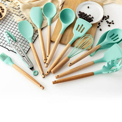 BowLift | Non-Toxic BPA-Free Silicone Cooking Utensil Set with Wooden Handles Lattea