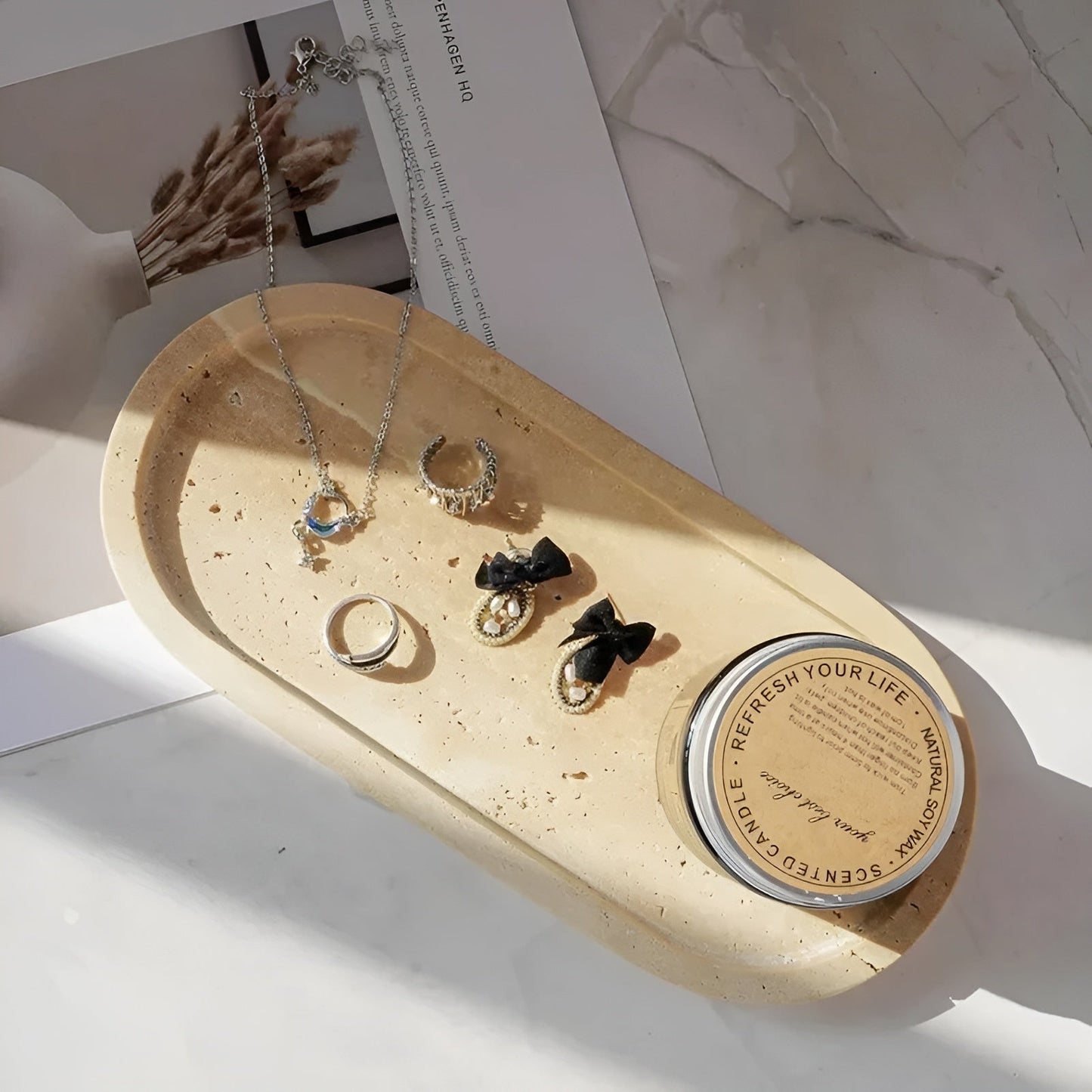 Toothbrush holder made of natural stone – with soap dispenser and tray | Elegant bathroom accessories made of travertine