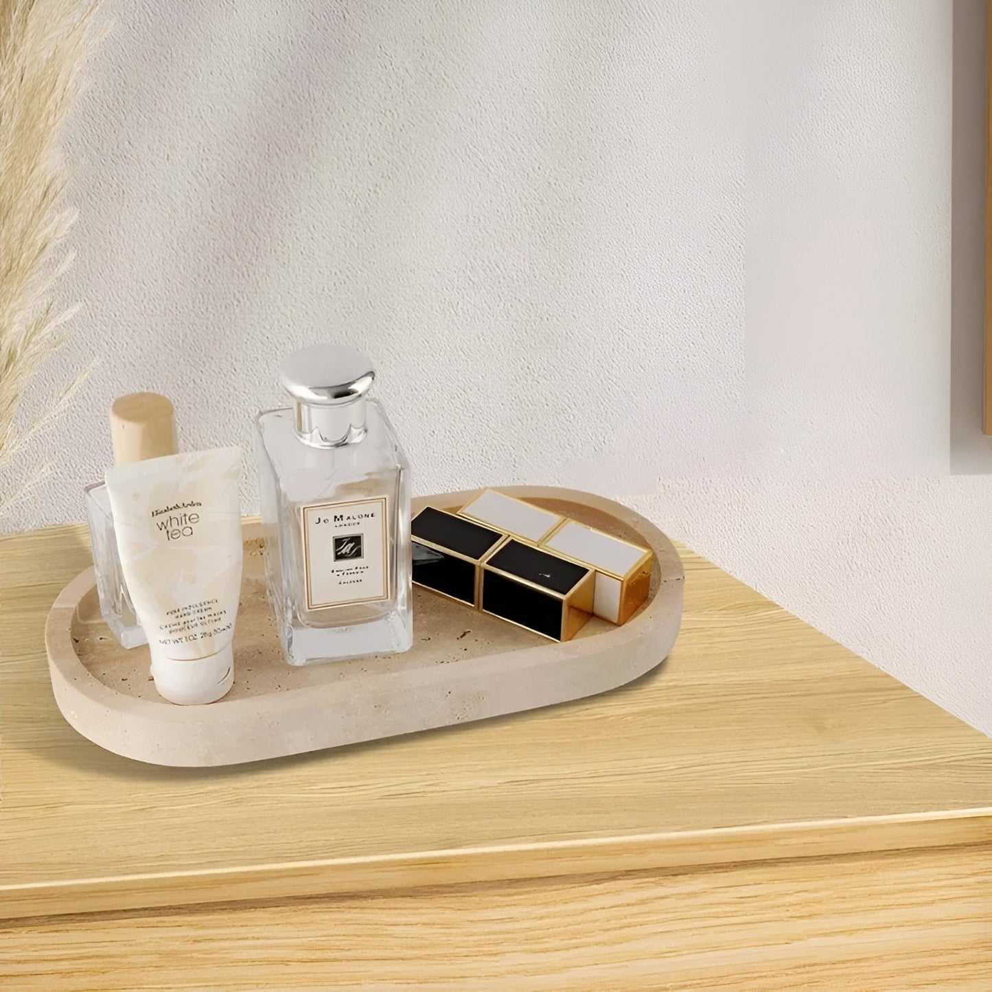 Toothbrush holder made of natural stone – with soap dispenser and tray | Elegant bathroom accessories made of travertine