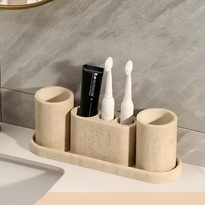 Toothbrush holder made of natural stone – with soap dispenser and tray | Elegant bathroom accessories made of travertine