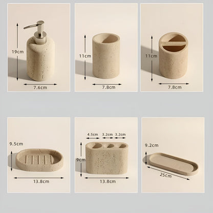 Toothbrush holder made of natural stone – with soap dispenser and tray | Elegant bathroom accessories made of travertine