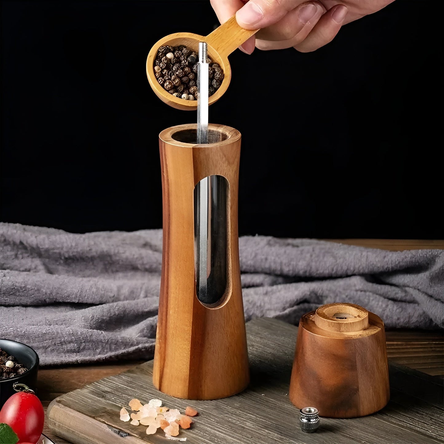 Manual salt and pepper mills – Wood design with acrylic glass window | Set of 2