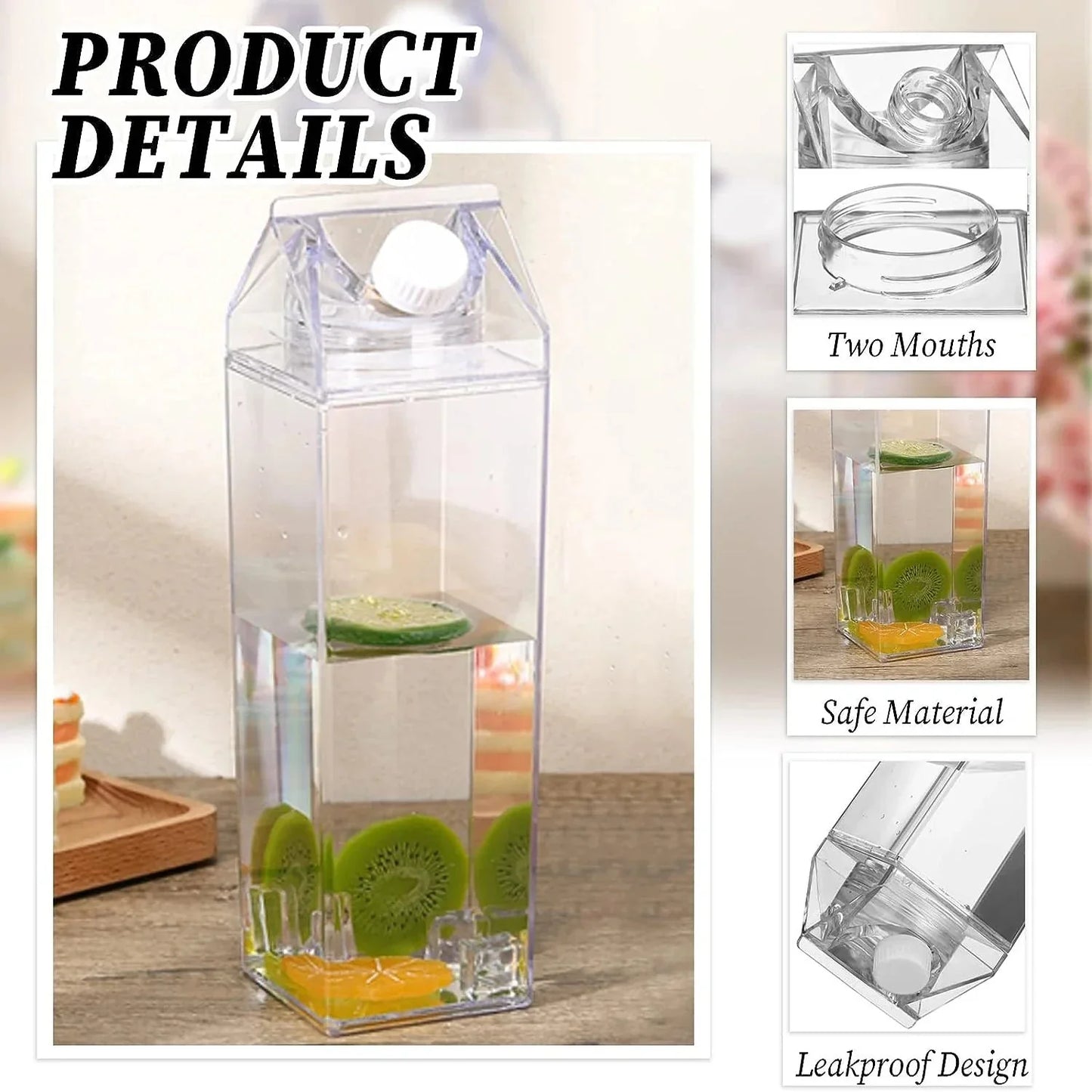 Milk Carton Water Bottle Plastic Square Transparent Drink Storage | Bowlift