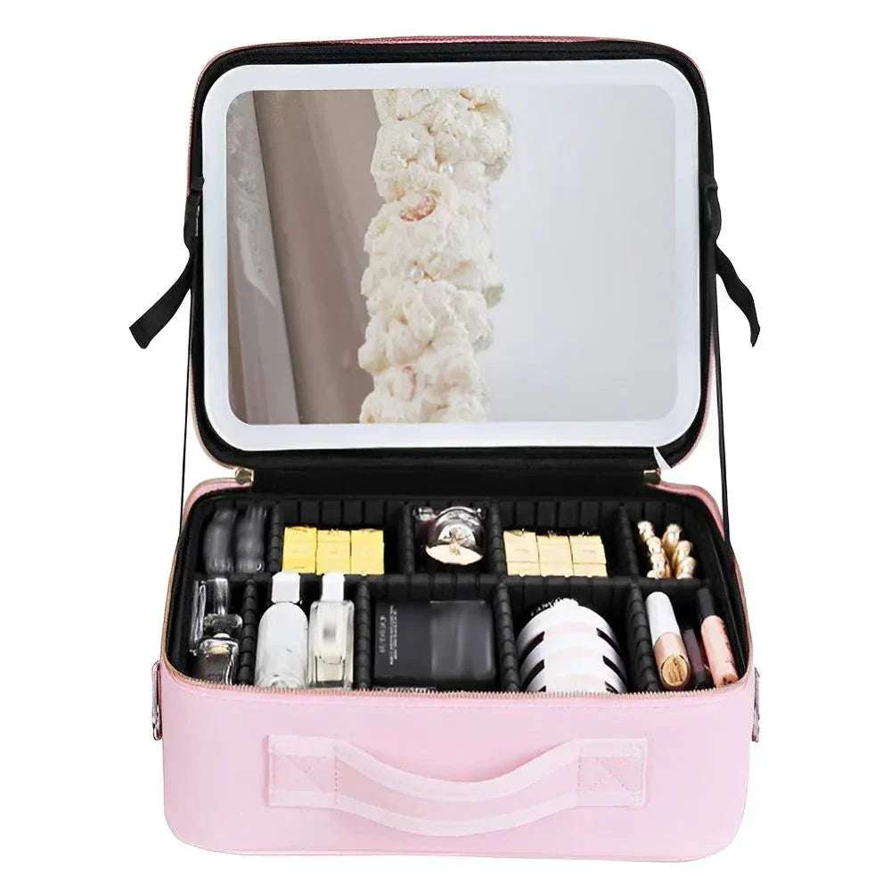 Skanto | MirrorGlam LED Makeup Bag – Portable Cosmetic Case with Adjustable Light & Organizer Loops