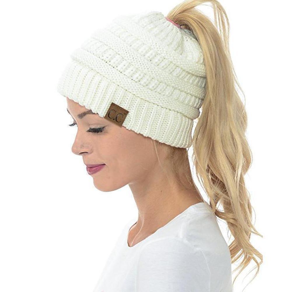 Skanto | Women's Soft Knit Ponytail Hat – Casual Winter Beanie