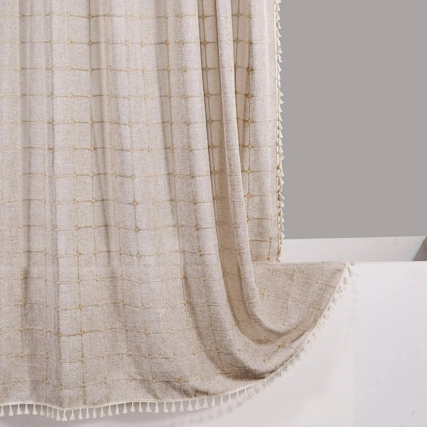BowLift | Modern Jacquard Linen Shower Curtain with Tassels (1 pcs) │ For Nordic Bathroom Decoration