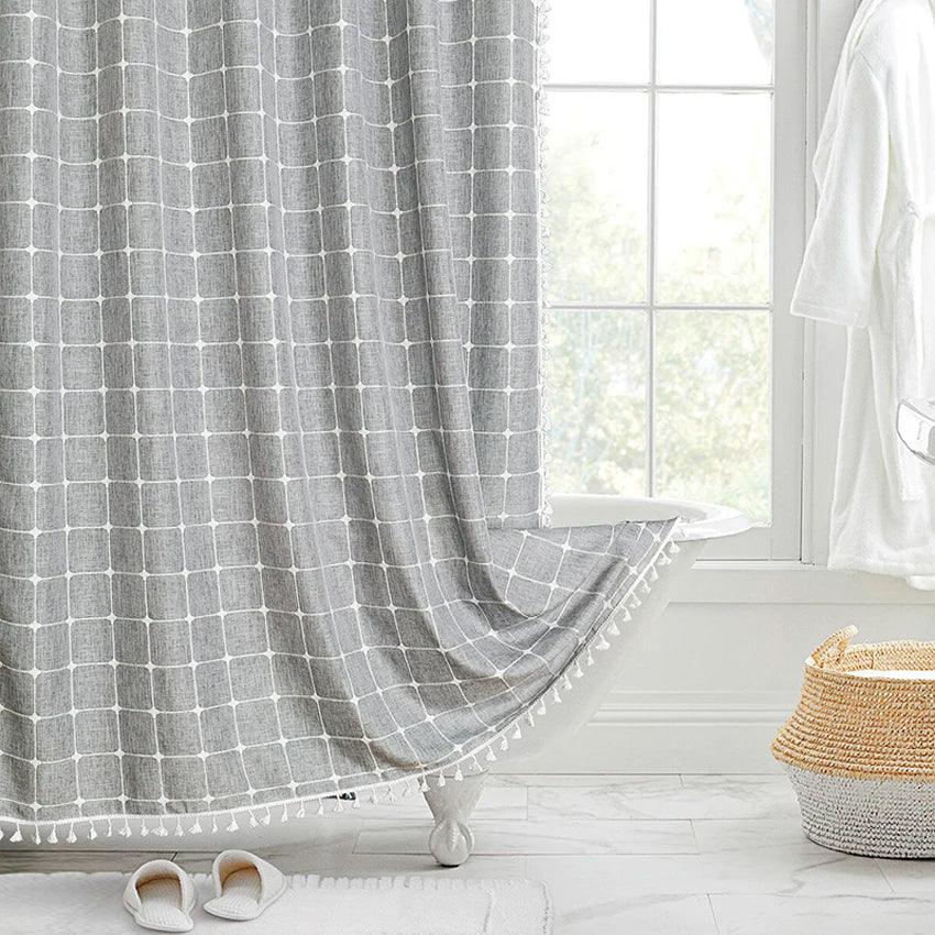 BowLift | Modern Jacquard Linen Shower Curtain with Tassels (1 pcs) │ For Nordic Bathroom Decoration