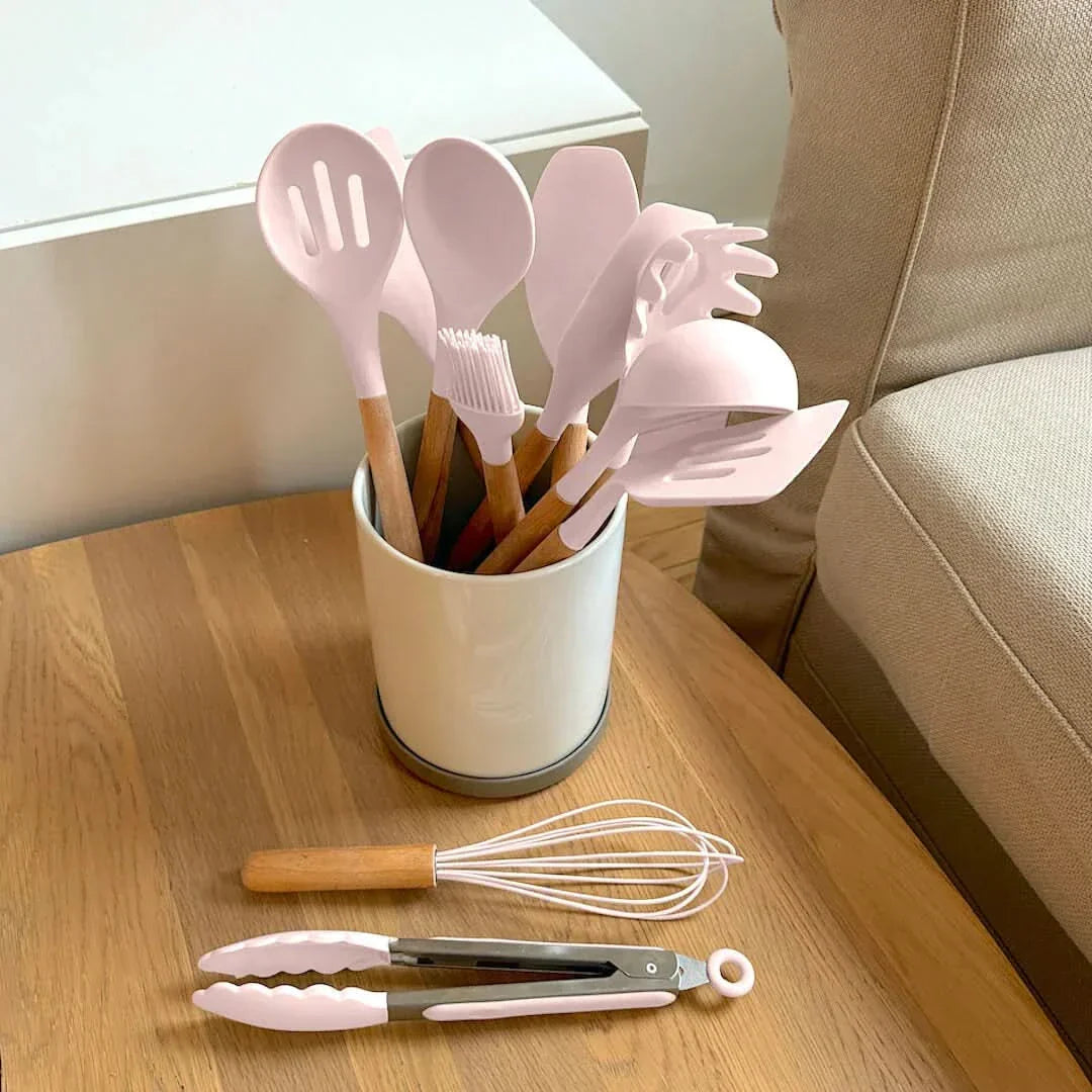 BowLift | Non-Toxic BPA-Free Silicone Cooking Utensil Set with Wooden Handles Lattea