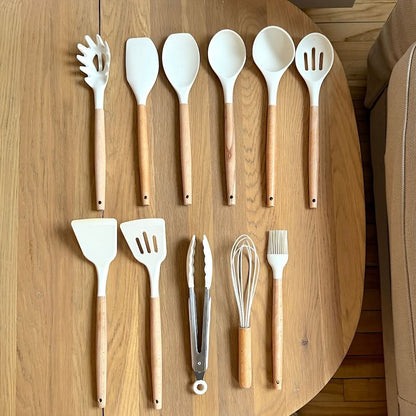 BowLift | Non-Toxic BPA-Free Silicone Cooking Utensil Set with Wooden Handles Lattea