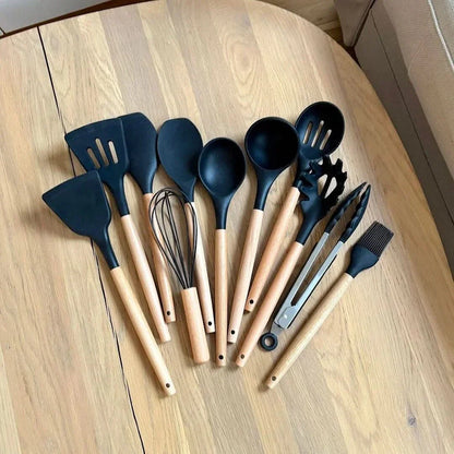 BowLift | Non-Toxic BPA-Free Silicone Cooking Utensil Set with Wooden Handles Lattea