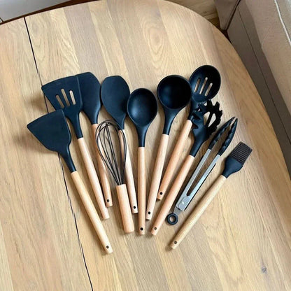 Kalsten | Non-Toxic BPA-Free Silicone Cooking Utensil Set with Wooden Handles Lattea