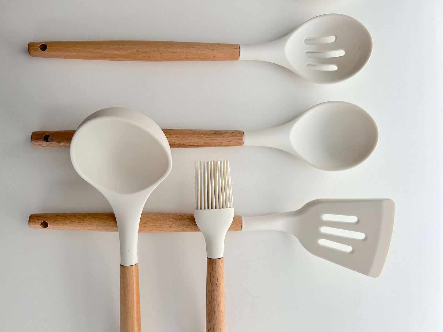 BowLift | Non-Toxic BPA-Free Silicone Cooking Utensil Set with Wooden Handles Lattea