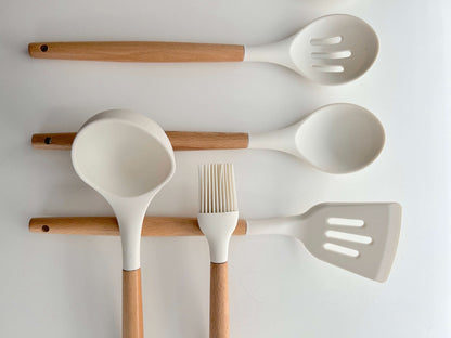 BowLift | Non-Toxic BPA-Free Silicone Cooking Utensil Set with Wooden Handles Lattea