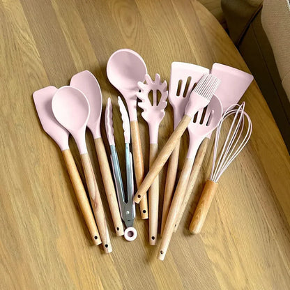 BowLift | Non-Toxic BPA-Free Silicone Cooking Utensil Set with Wooden Handles Lattea
