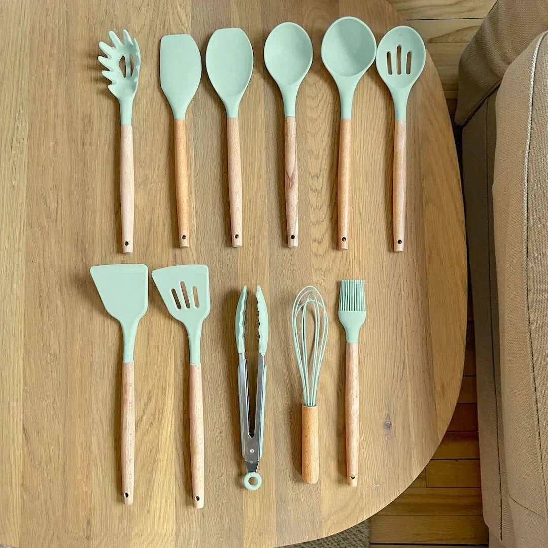 BowLift | Non-Toxic BPA-Free Silicone Cooking Utensil Set with Wooden Handles Lattea