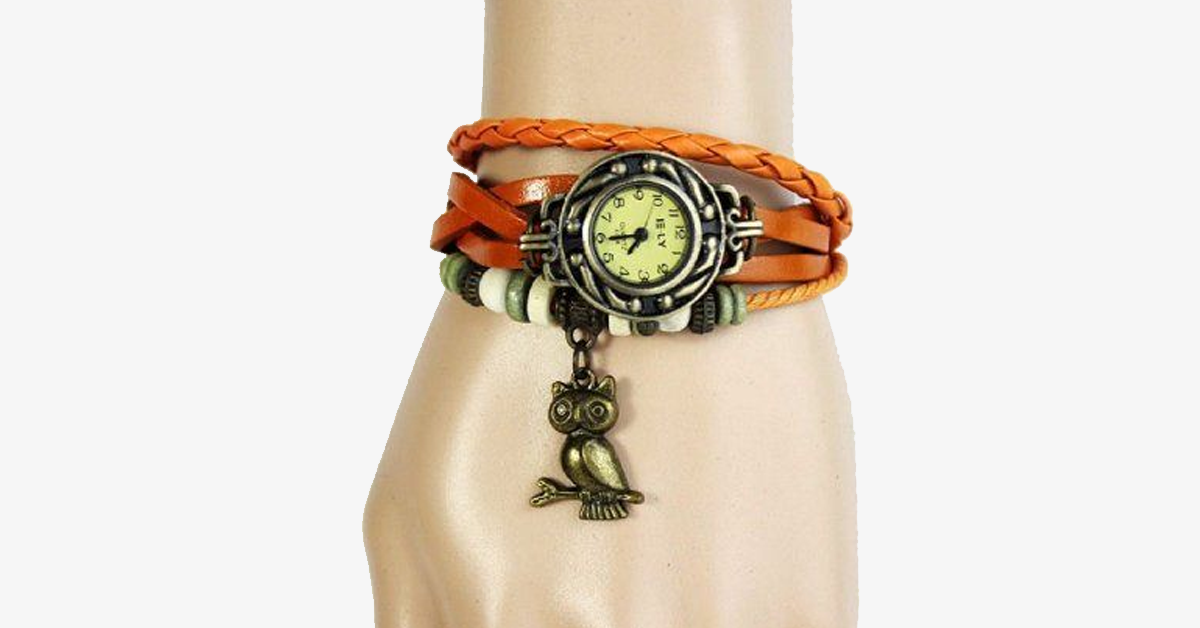Vintage wristwatch with owl and Boho-chic bracelet – Woven cuff-style wristwatch for a trendy look!