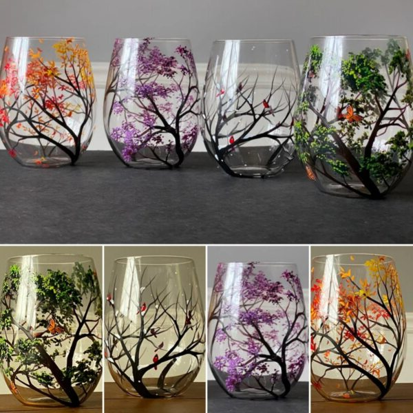 Skanto | Four Seasons Tree Wine Glasses – Hand-Painted Art