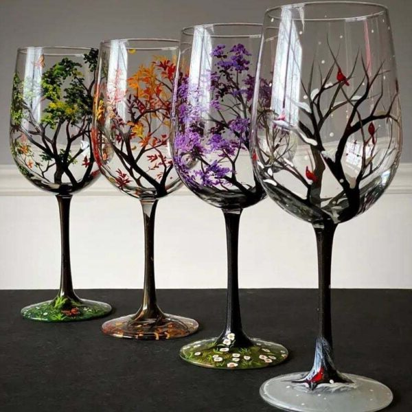 Skanto | Four Seasons Tree Wine Glasses – Hand-Painted Art