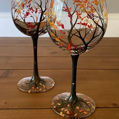 Skanto | Four Seasons Tree Wine Glasses – Hand-Painted Art