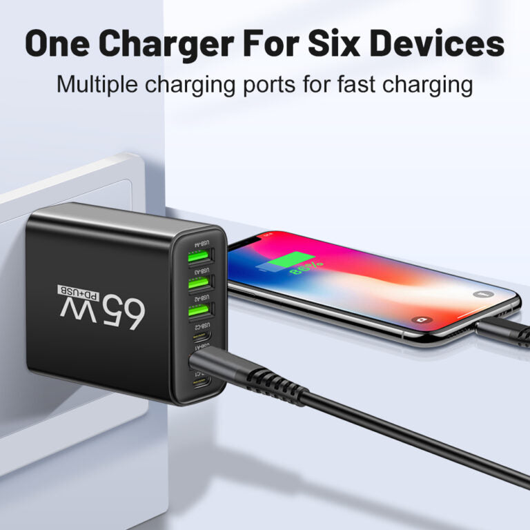 Brehn | PowerMax 65W 6-in-1 Fast Charger – Charge up to 6 devices simultaneously – Ideal for Home, Office, and Travel