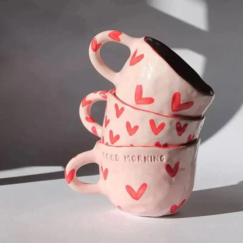 Skanto | Ceramic Coffee Cup with Pink Heart Design – 220ml Cup