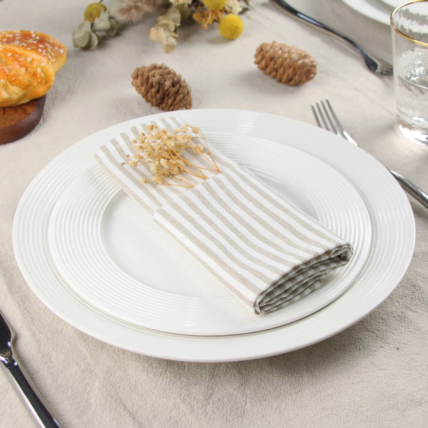 Plain Striped Cotton Linen Blend Table Napkins Set of 12 Cloth Napkins | Bowlift