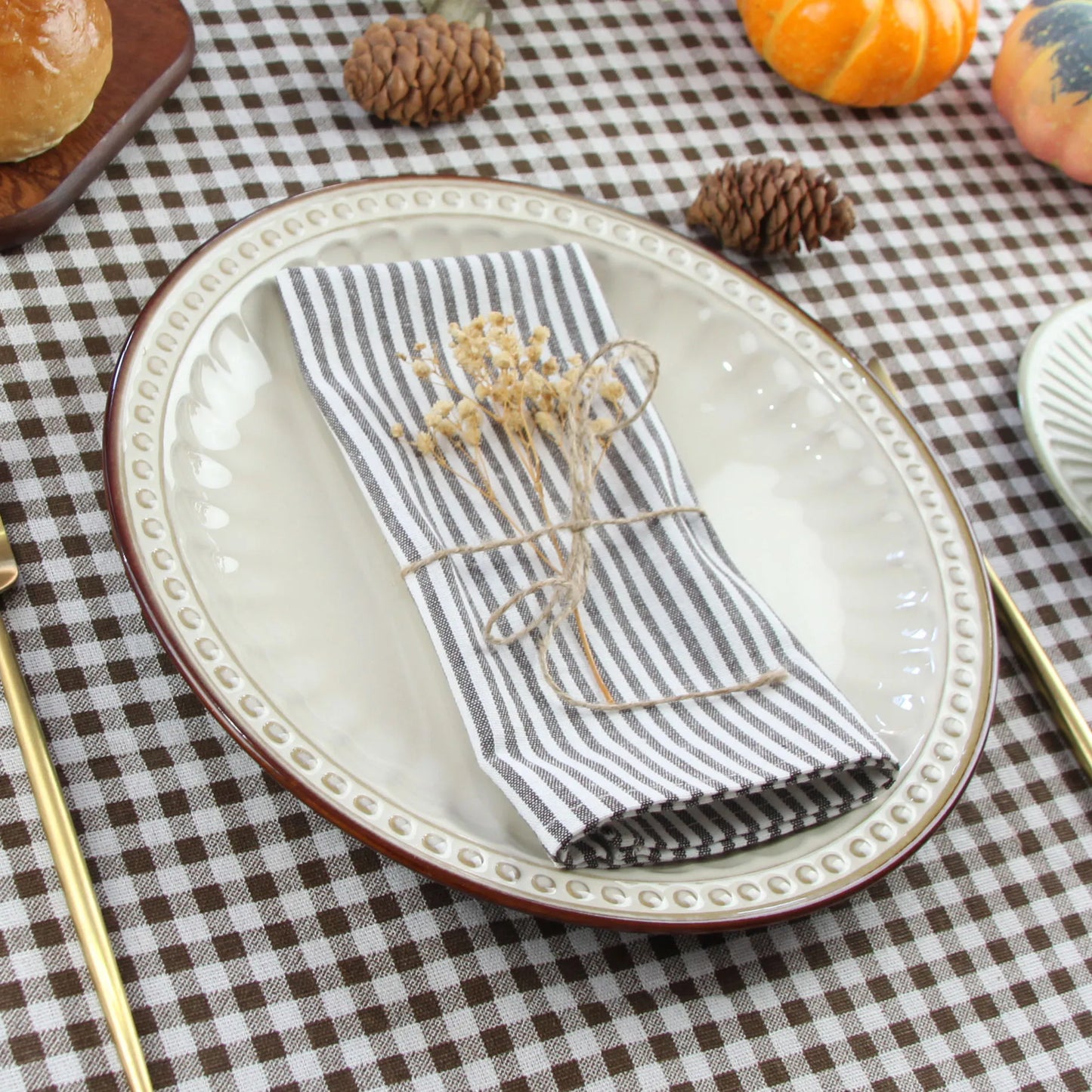 Plain Striped Cotton Linen Blend Table Napkins Set of 12 Cloth Napkins | Bowlift