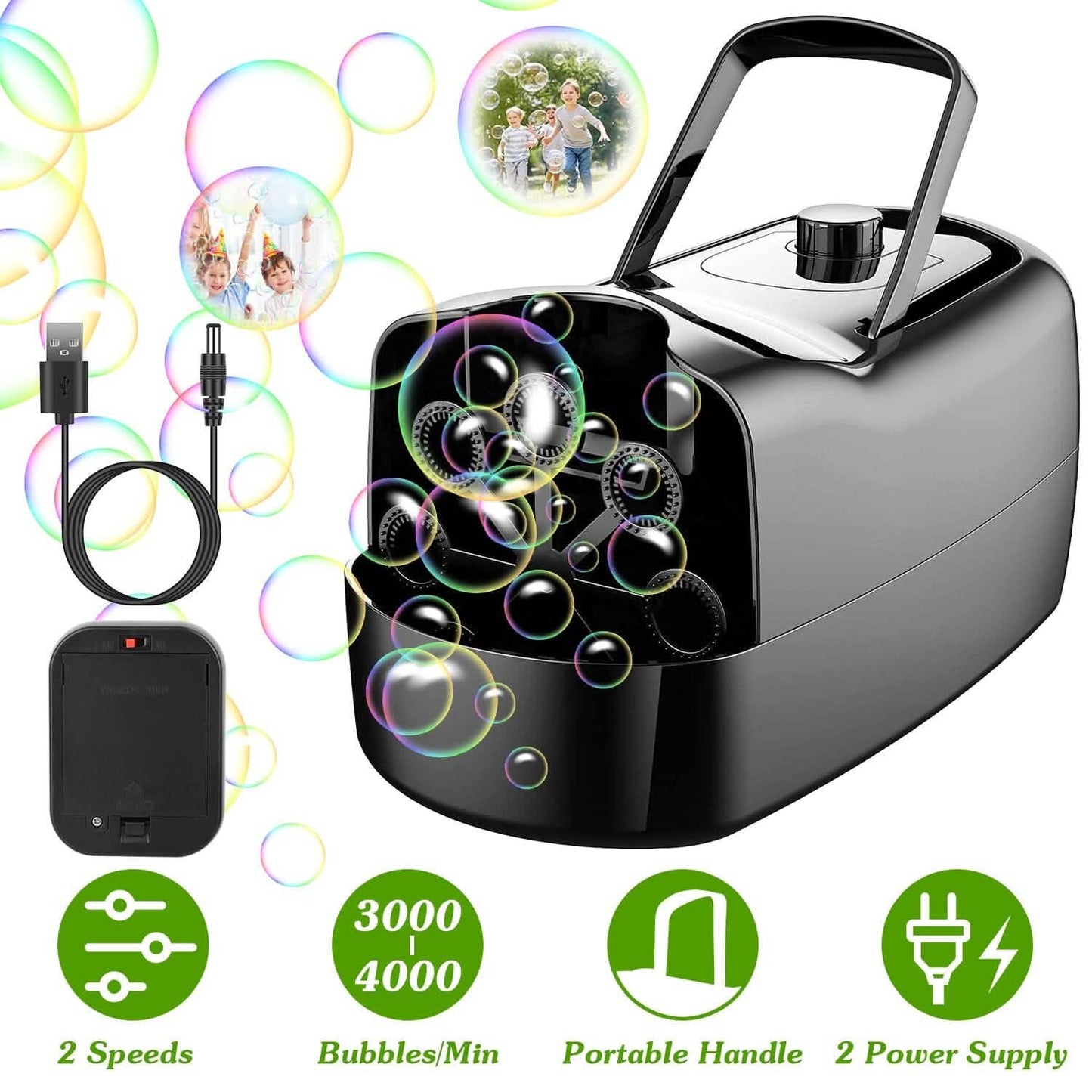 BowLift | Portable Bubble Machine with 2 Speeds Hand Grip 3000-4000 Bubbles per Minute Plug-powered Battery-powered