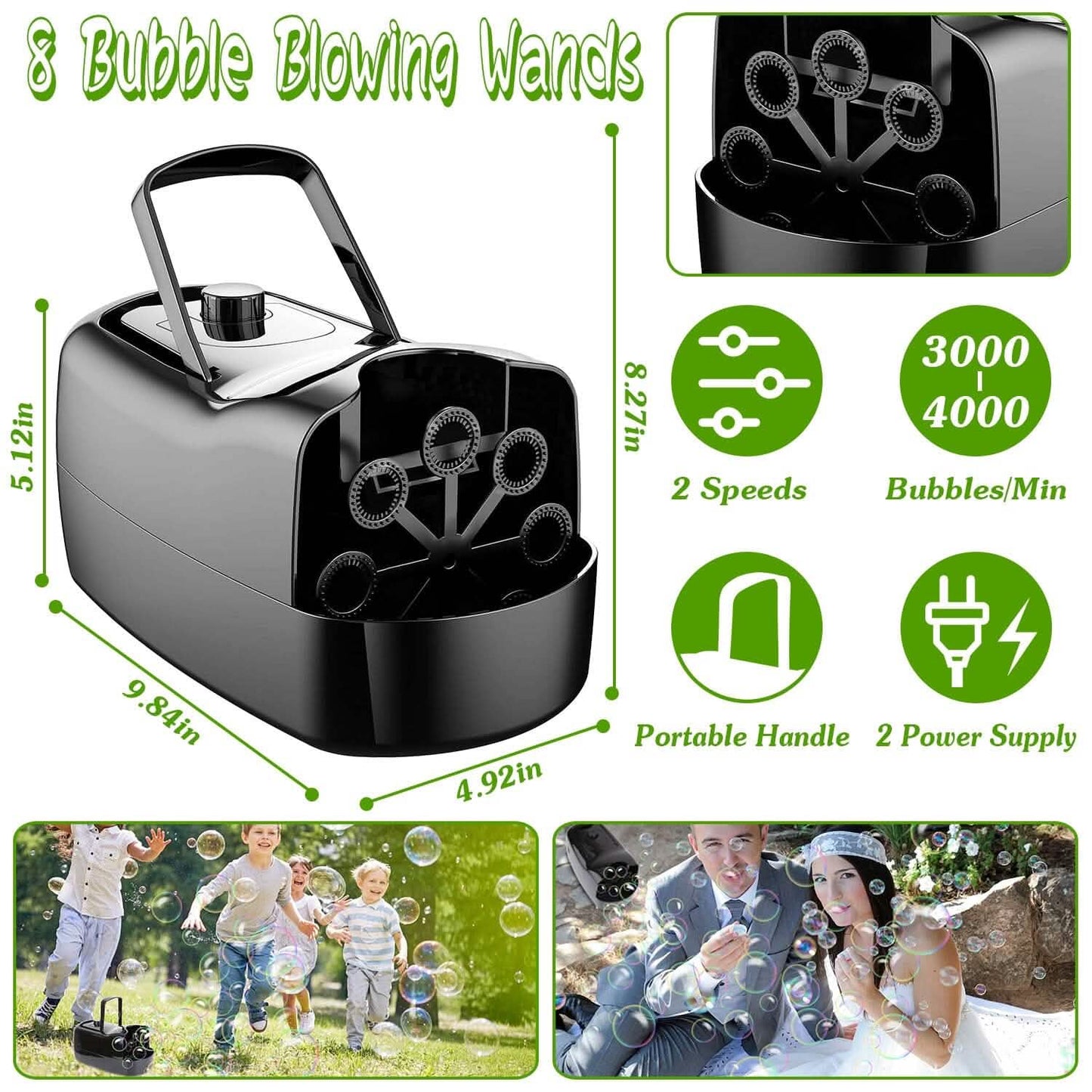 BowLift | Portable Bubble Machine with 2 Speeds Hand Grip 3000-4000 Bubbles per Minute Plug-powered Battery-powered
