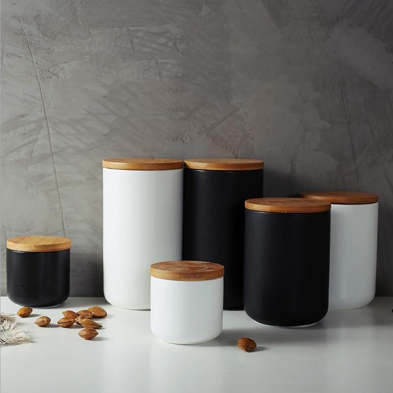 Skanto | BambooNest Ceramic Storage Jars with Bamboo Lid | Stylish Storage | Perfect for Kitchen & Bathroom | Available in White & Black