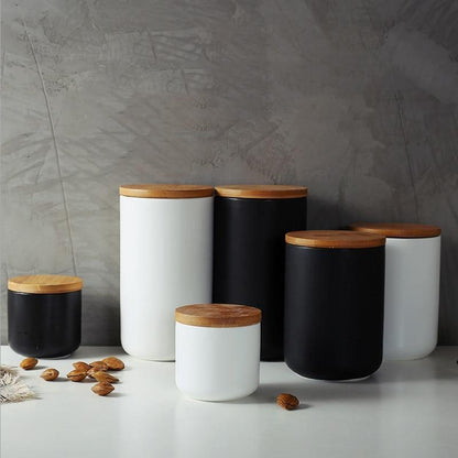 Skanto | BambooNest Ceramic Storage Jars with Bamboo Lid | Stylish Storage | Perfect for Kitchen & Bathroom | Available in White & Black