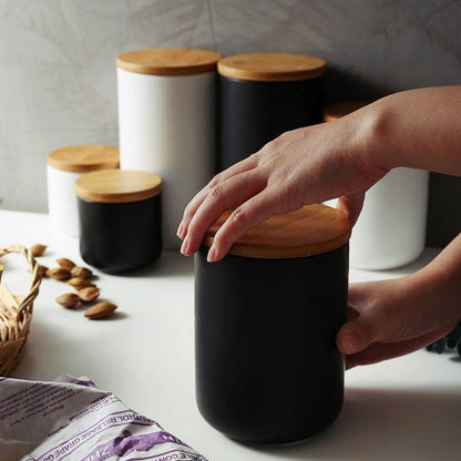 Skanto | BambooNest Ceramic Storage Jars with Bamboo Lid | Stylish Storage | Perfect for Kitchen & Bathroom | Available in White & Black