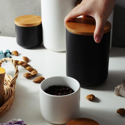 Skanto | BambooNest Ceramic Storage Jars with Bamboo Lid | Stylish Storage | Perfect for Kitchen & Bathroom | Available in White & Black