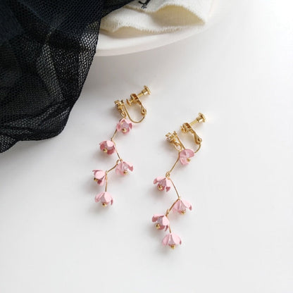 Skanto | Long Rhinestone Crystal Pink Sakura Flower with Zircon Clip Earrings