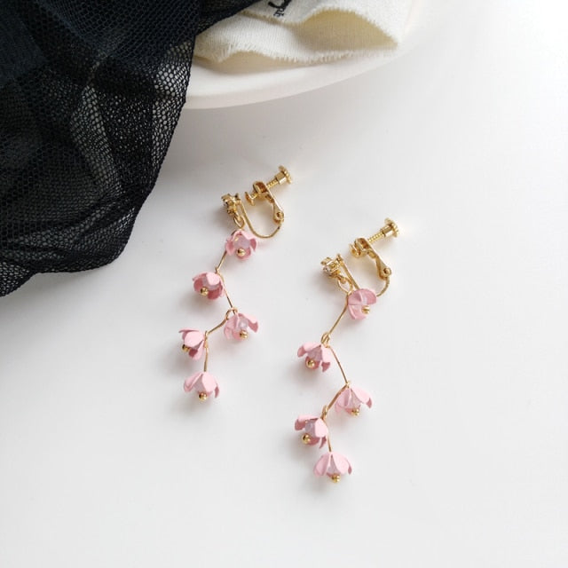 Skanto | Long Rhinestone Crystal Pink Sakura Flower with Zircon Clip Earrings